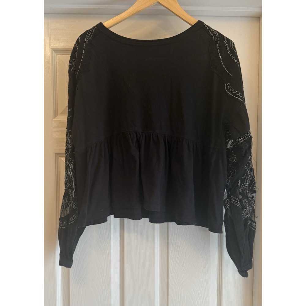 Free People Babydoll Top Wmn Small Black Embroidered Mesh Lace Long Sleeve Boho